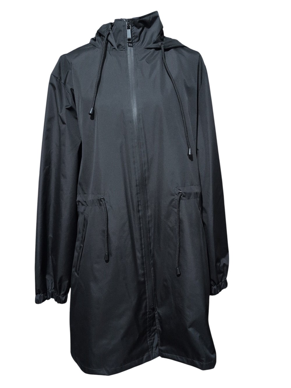 Nine West Black Hooded Water Resistant Long Rain Jacket Trench Coat XL NWT